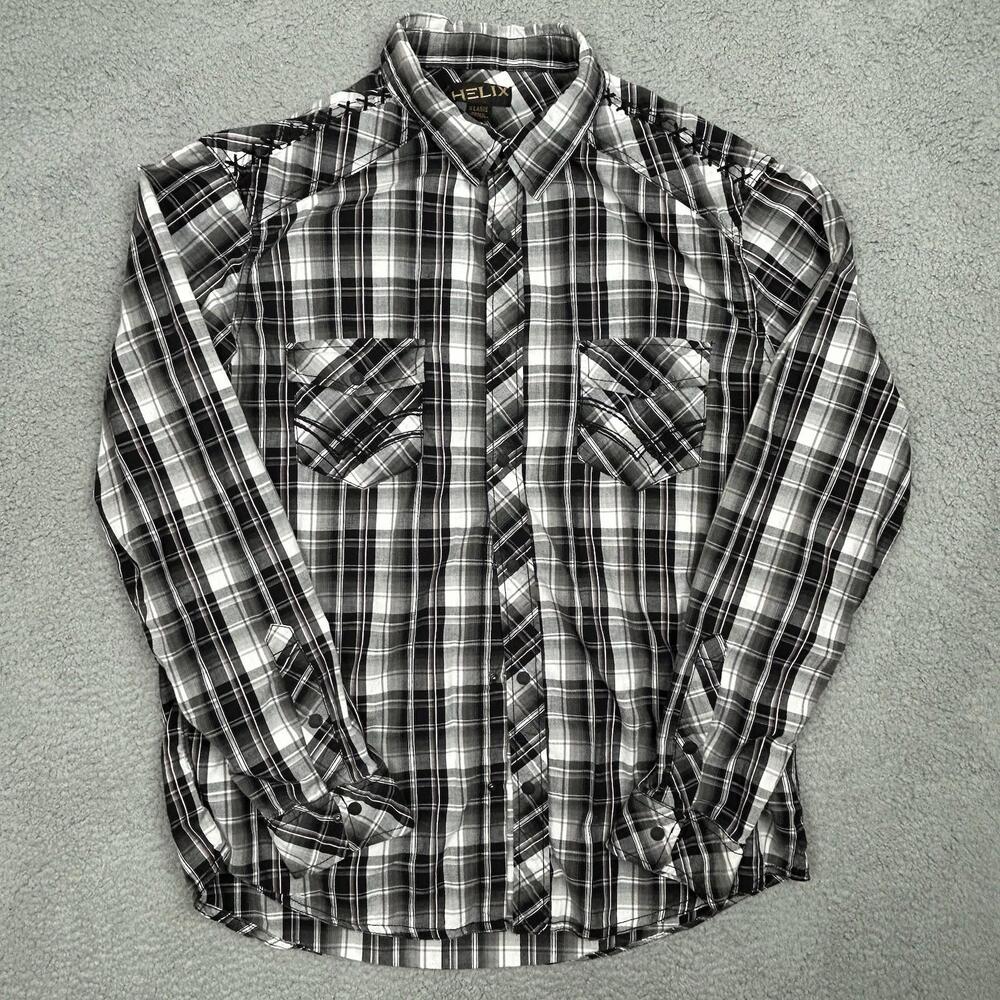 Helix Men’s XL Long Sleeve Plaid Button Down Shirt Gray Black Red Western Casual